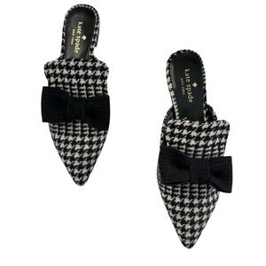 Kate Spade NY Women's Size 6.5 Karin Mule Houndstooth Black White Bow Flat Shoes